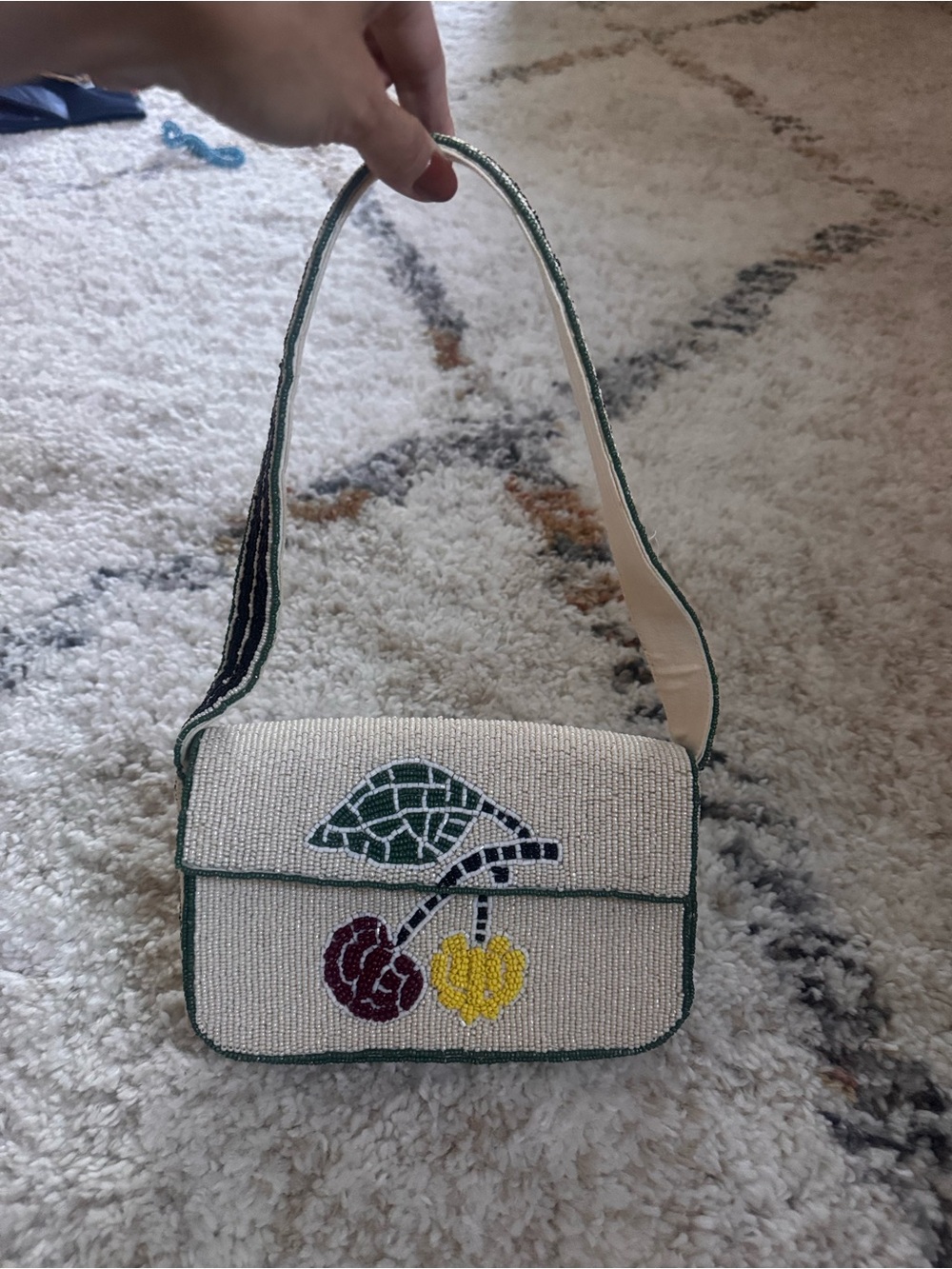 Maeve Cream Beaded Shoulder Bag with Green Trim and Cherry Motif
